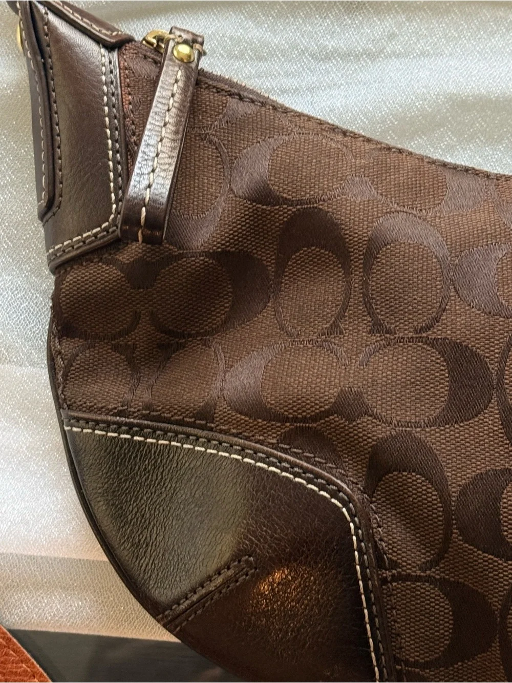 Coach Brown Signature Crescent Hobo with Leather Trim